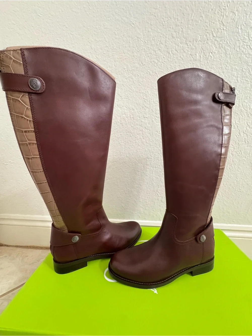 NIB Sam Edelman Sz 6 Mikala Terazzo Brown Leather Block Heel Riding Knee Boots